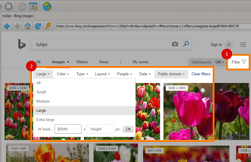 Bing Images filter toolbar with size options expanded